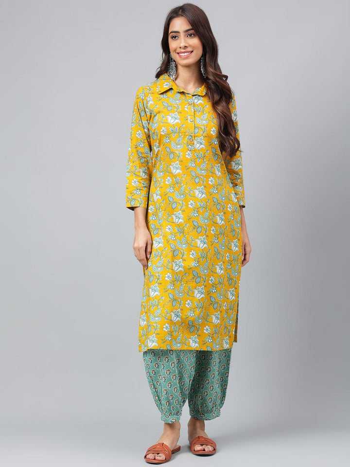 Mustard & Blue Cotton Cambric Floral Printed Kurta Set