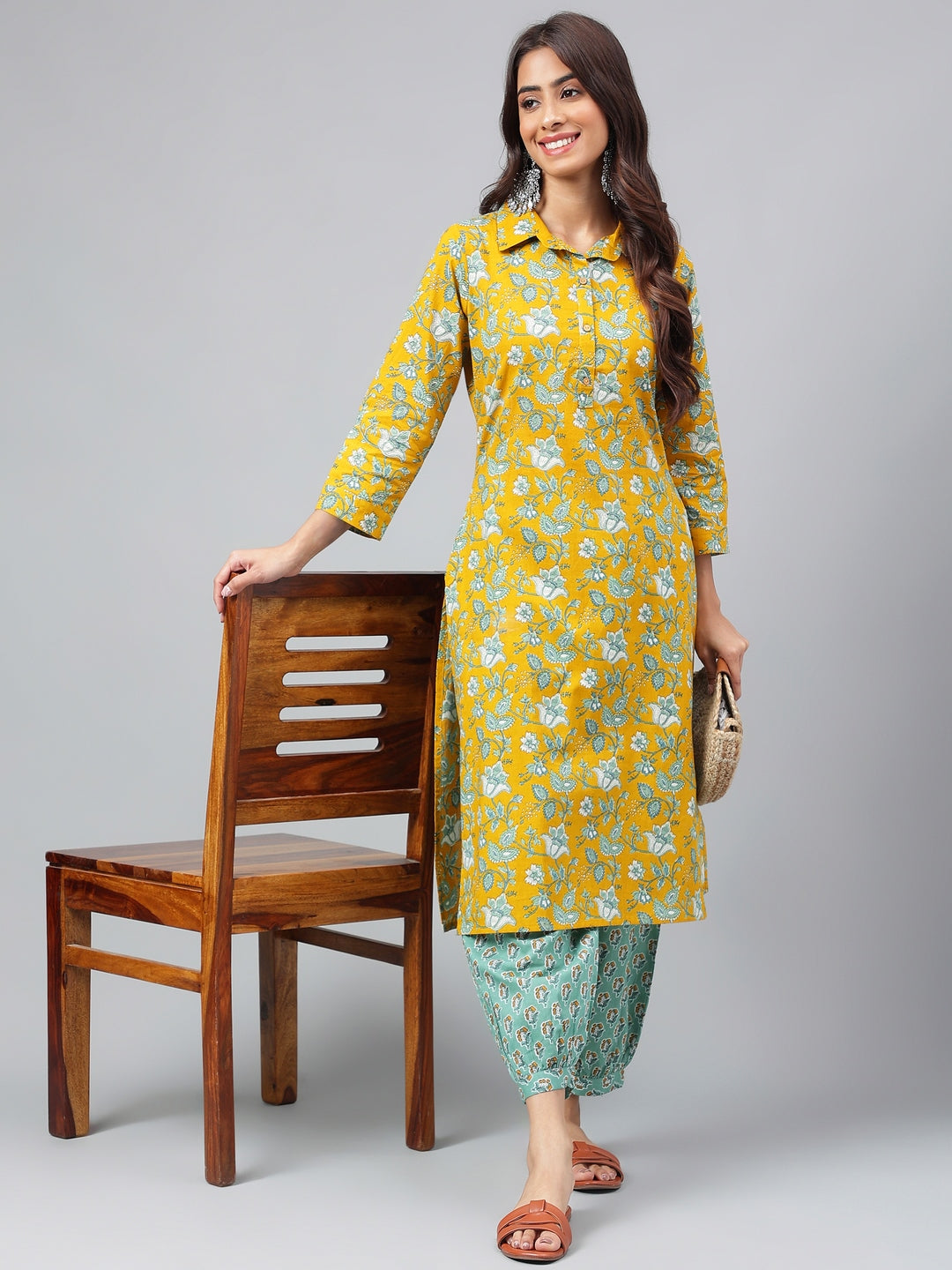 Mustard & Blue Cotton Cambric Floral Printed Kurta Set