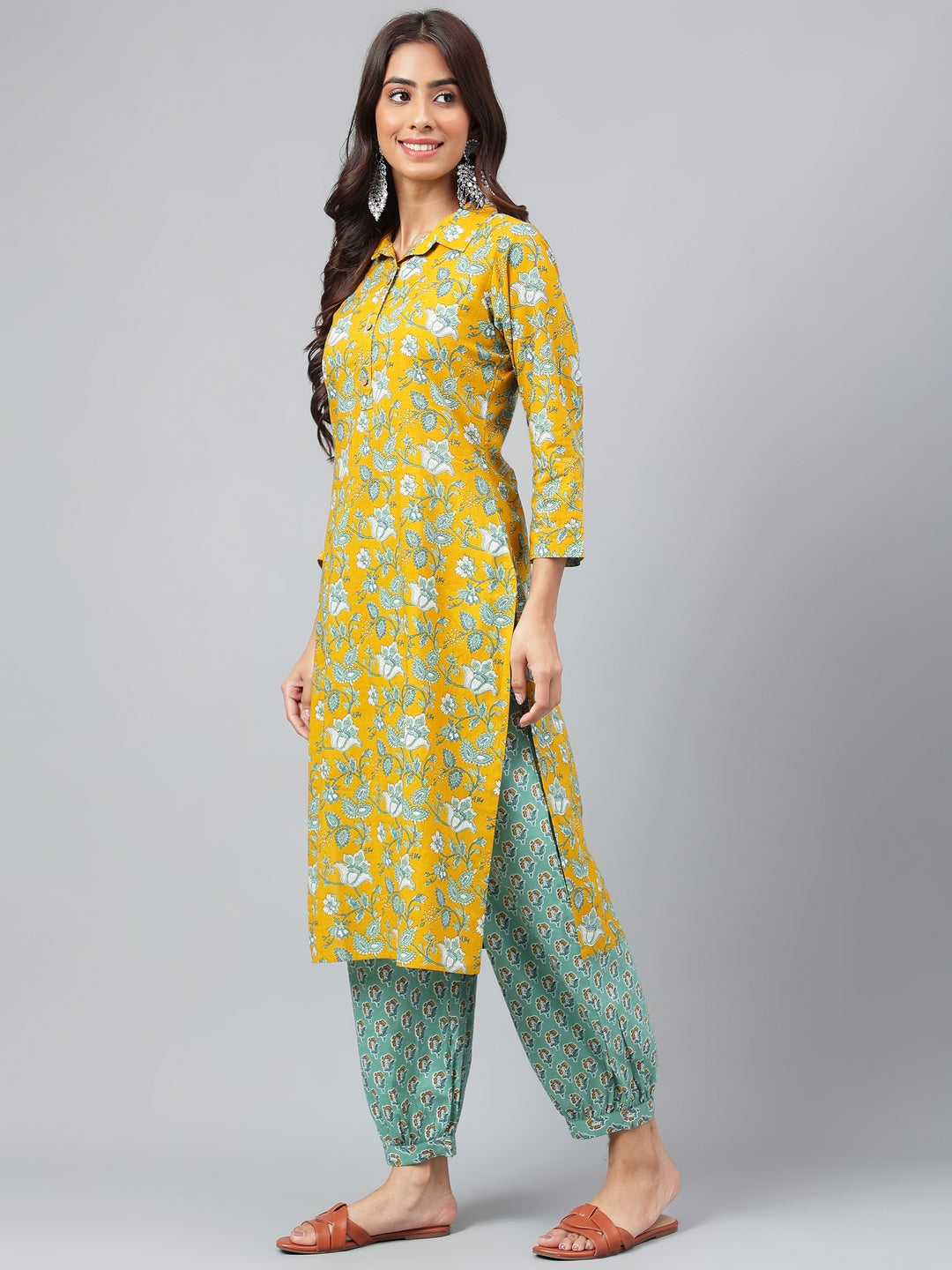 Mustard & Blue Cotton Cambric Floral Printed Kurta Set