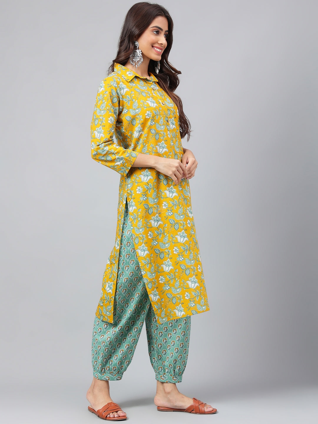 Mustard & Blue Cotton Cambric Floral Printed Kurta Set