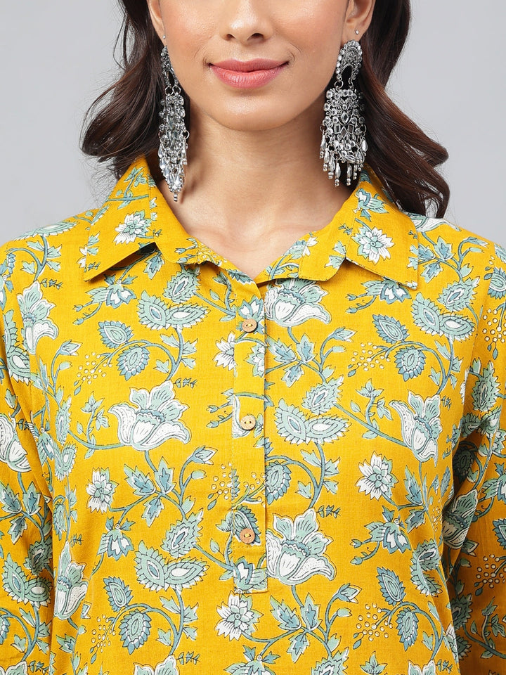 Mustard & Blue Cotton Cambric Floral Printed Kurta Set