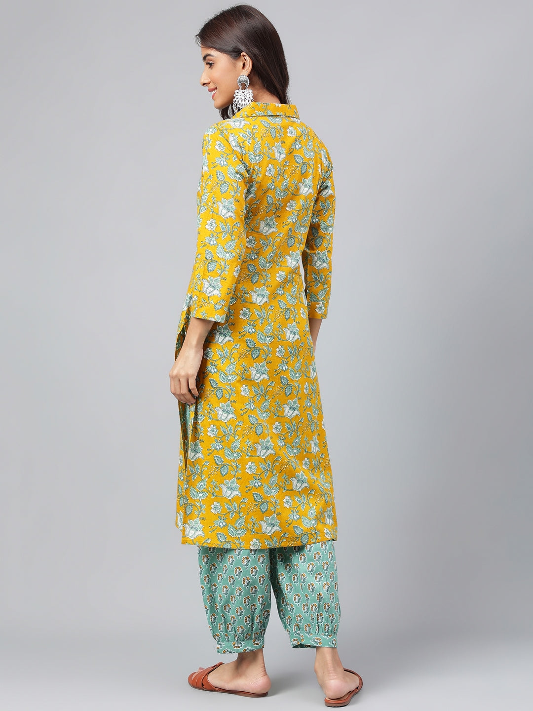 Mustard & Blue Cotton Cambric Floral Printed Kurta Set