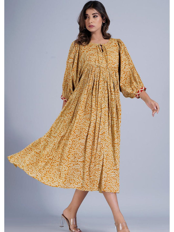 Mustard Cotton Loose Fit Gathered Dress