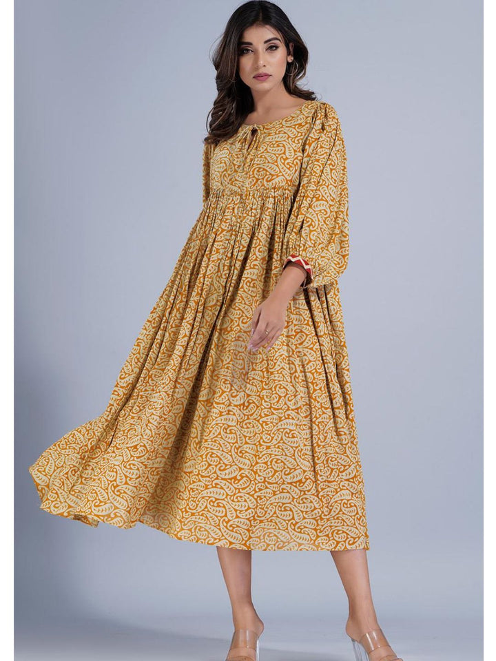 Mustard Cotton Loose Fit Gathered Dress