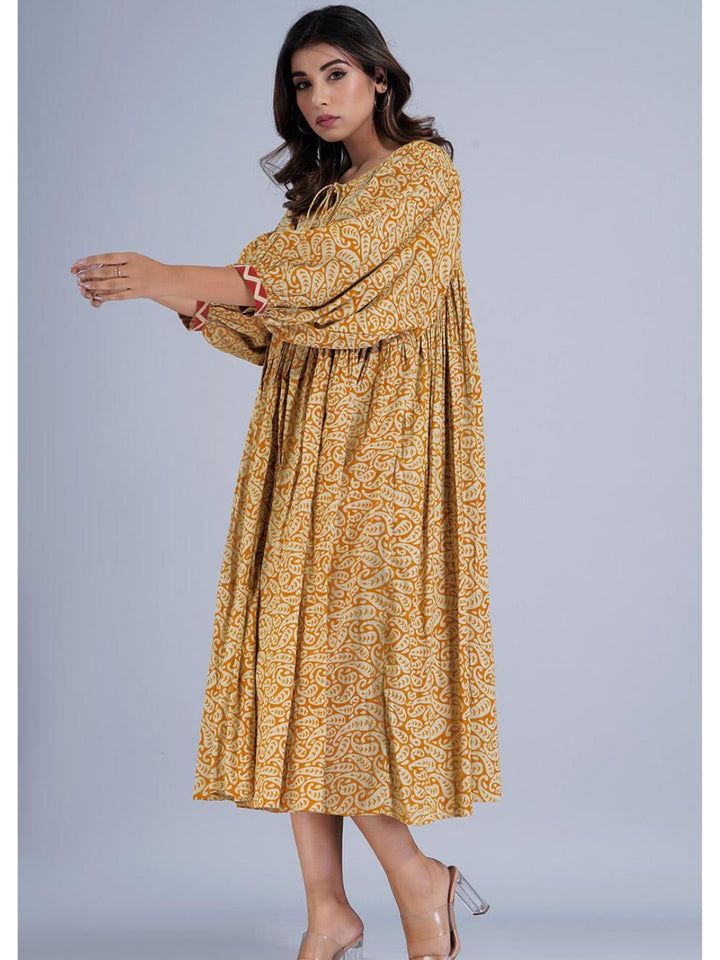 Mustard Cotton Loose Fit Gathered Dress