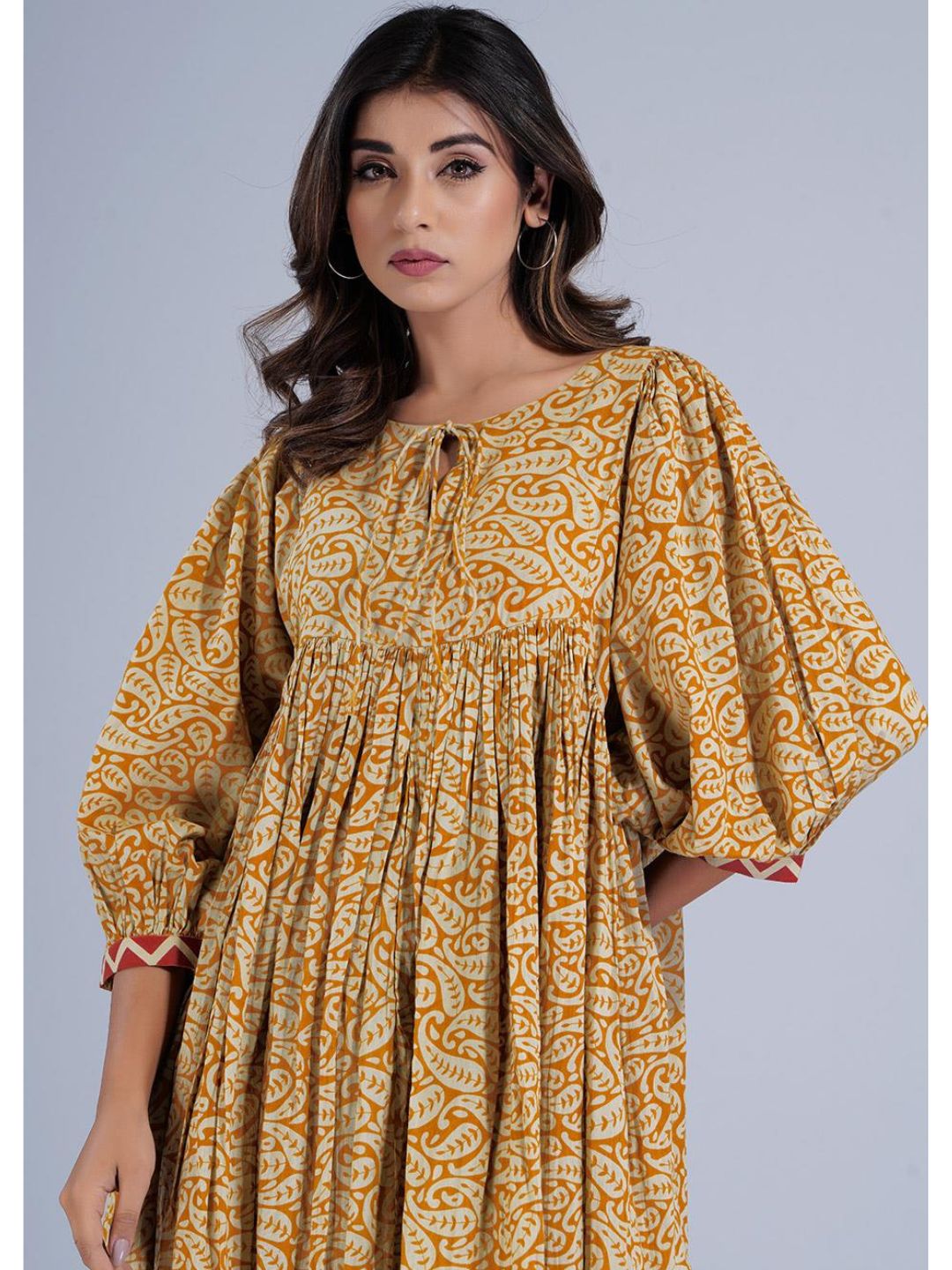 Mustard Cotton Loose Fit Gathered Dress