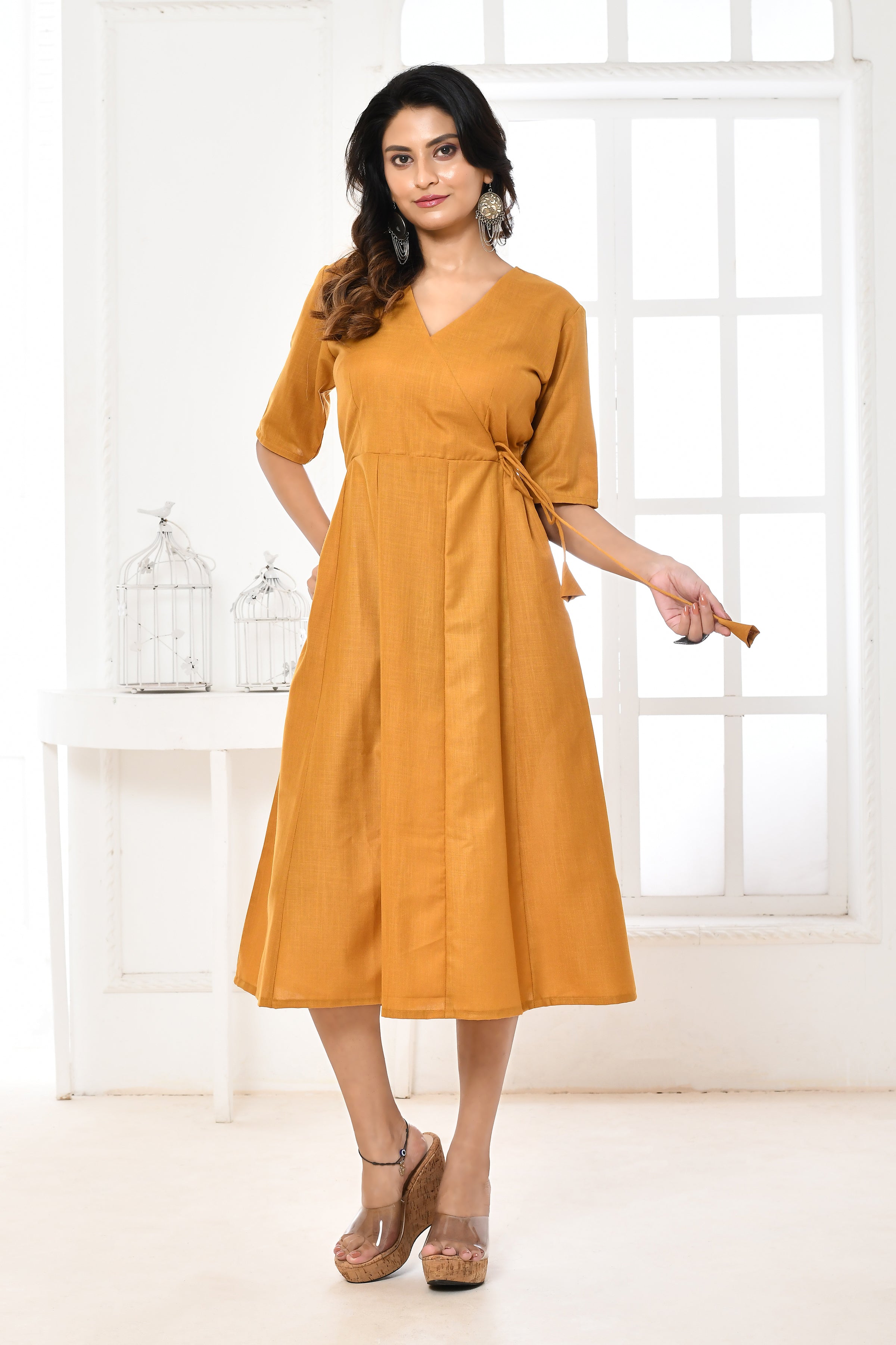 Mustard midi dress with sleeves on sale