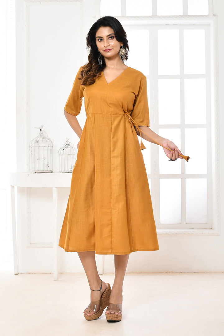 Mustard Cotton Slub Angrakha Style Midi Dress