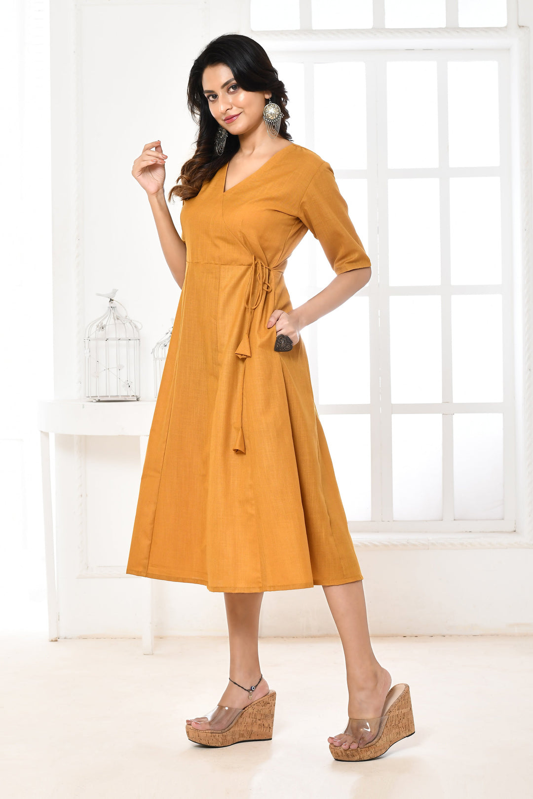 Mustard Cotton Slub Angrakha Style Midi Dress