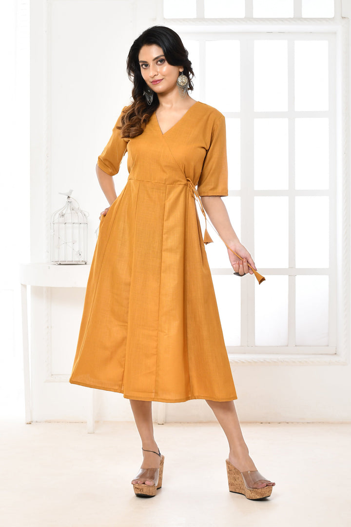 Mustard Cotton Slub Angrakha Style Midi Dress