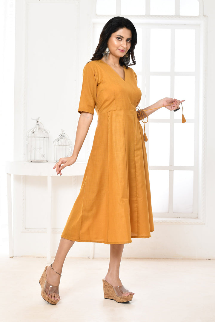 Mustard Cotton Slub Angrakha Style Midi Dress