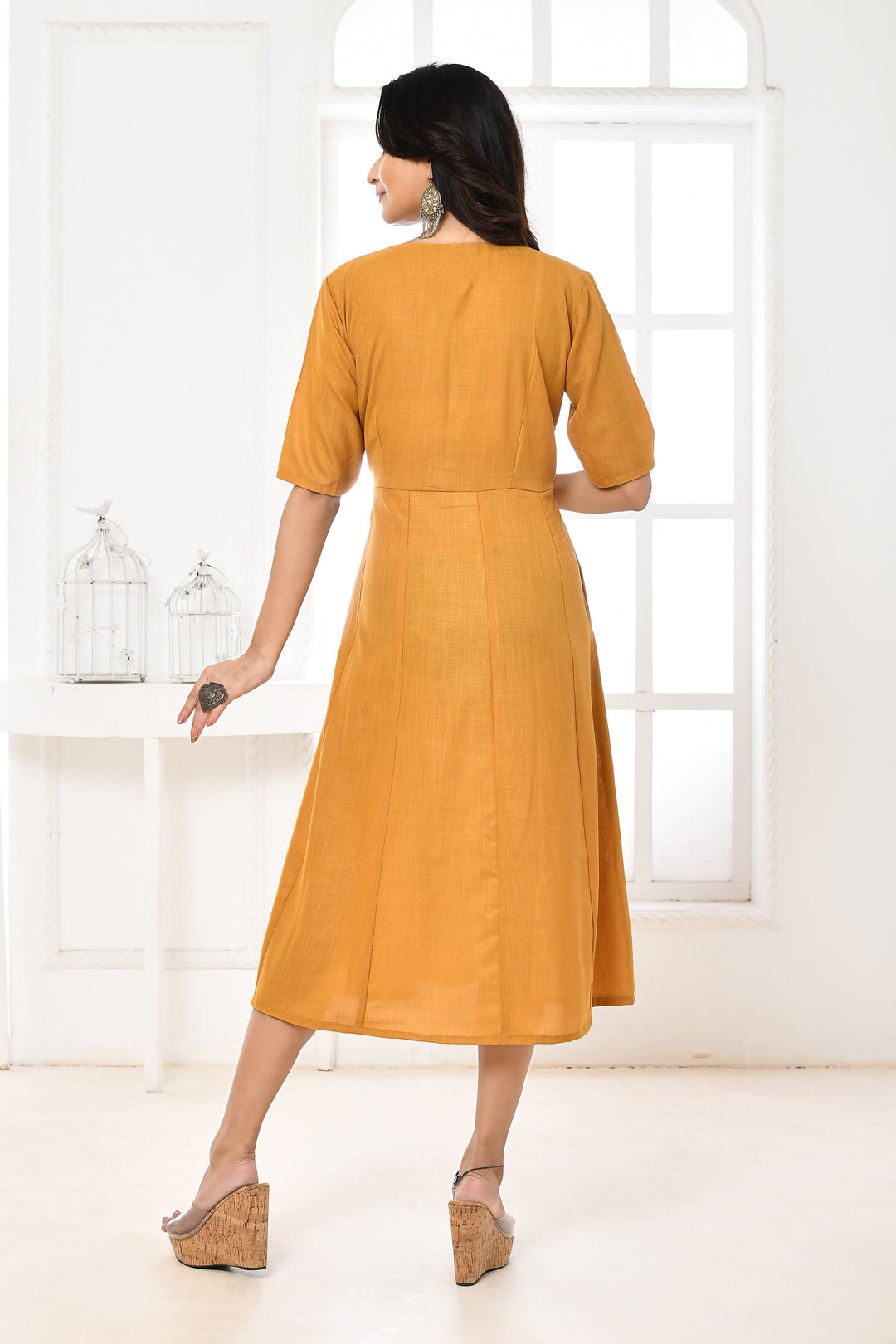 Mustard Cotton Slub Angrakha Style Midi Dress