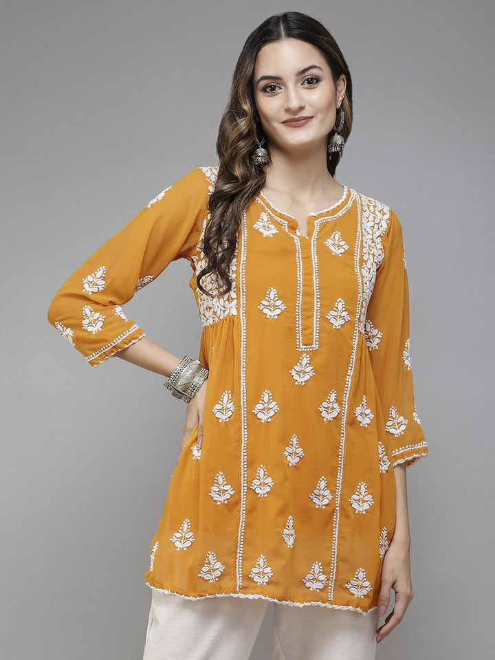 Mustard-Faux-Georgette-Chikan-Kurti-Only