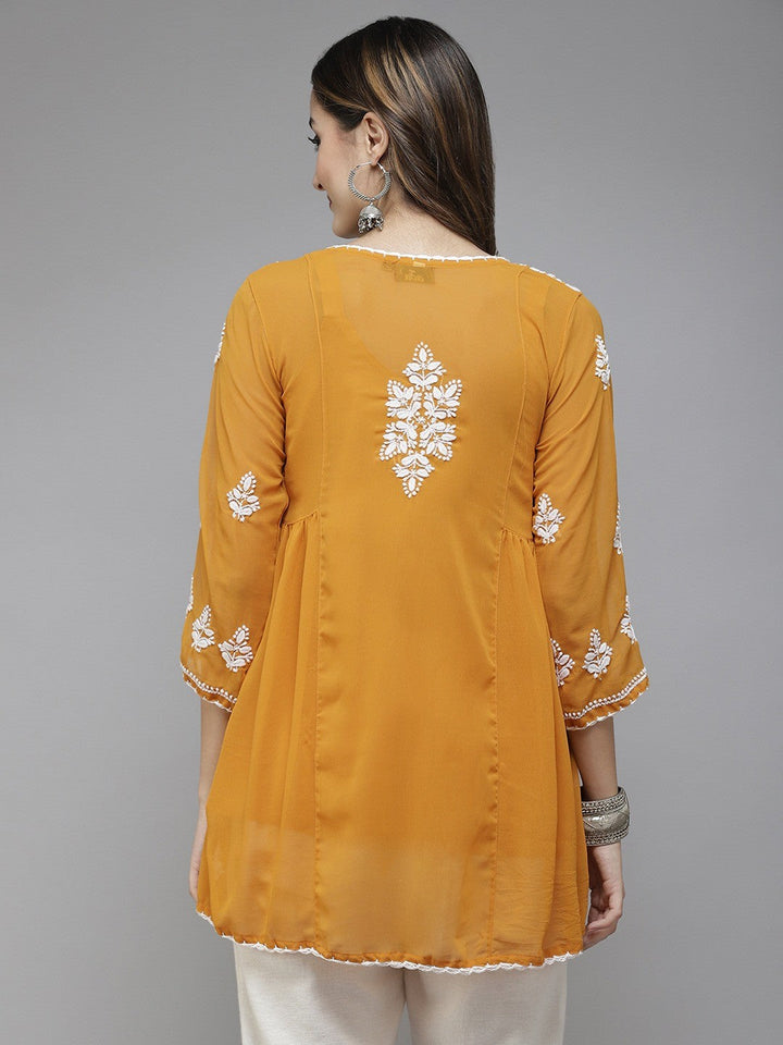 Mustard-Faux-Georgette-Chikan-Kurti-Only