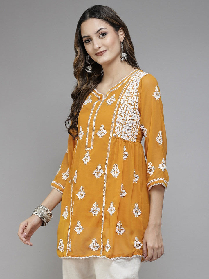 Mustard-Faux-Georgette-Chikan-Kurti-Only