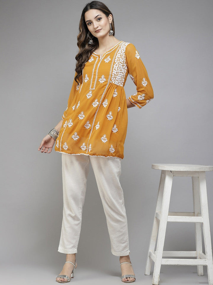 Mustard-Faux-Georgette-Chikan-Kurti-Only