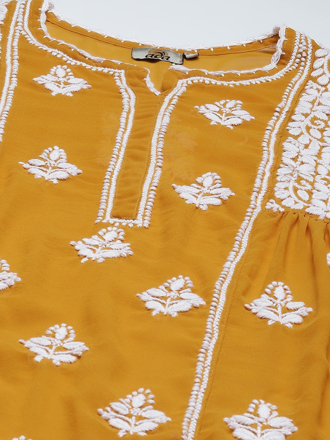 Mustard-Faux-Georgette-Chikan-Kurti-Only