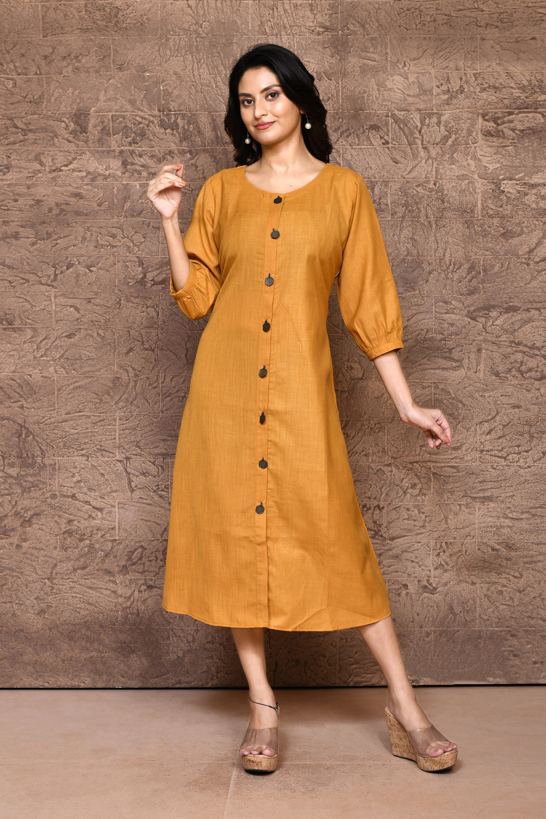 Mustard Pure Slub Cotton A-Line Dress With Pockets
