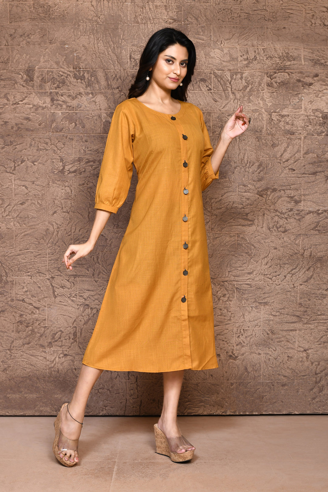 Mustard Pure Slub Cotton A-Line Dress With Pockets