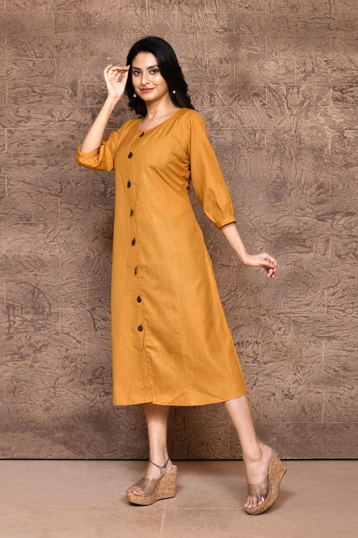 Mustard Pure Slub Cotton A-Line Dress With Pockets