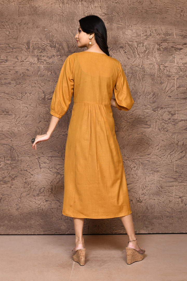 Mustard Pure Slub Cotton A-Line Dress With Pockets