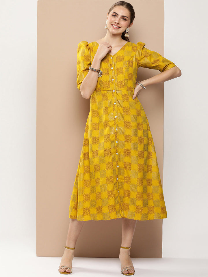 Mustard Rayon Printed A-Line Placket Dress