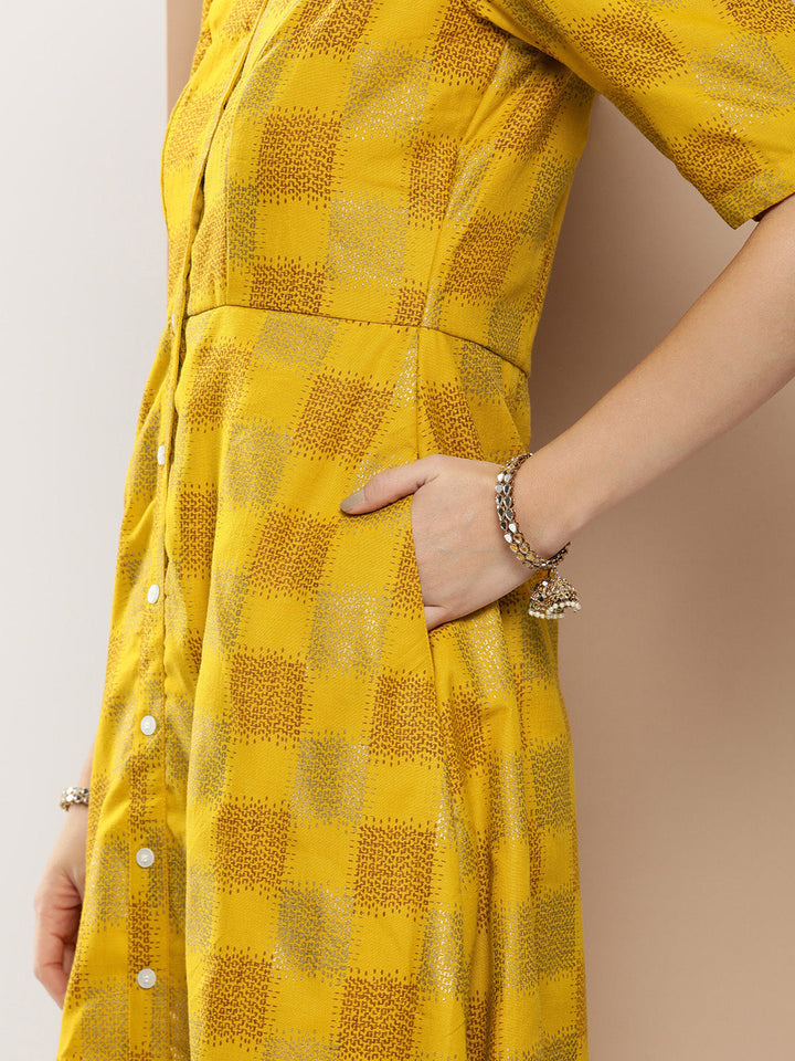 Mustard Rayon Printed A-Line Placket Dress