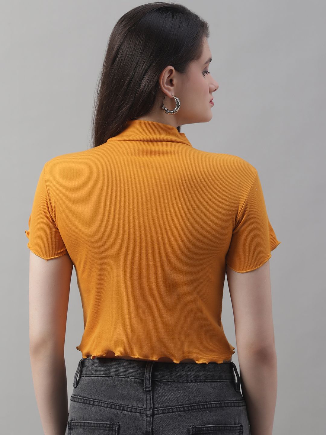 Mustard Turtle-Neck Crop Top with Lettuce Edge