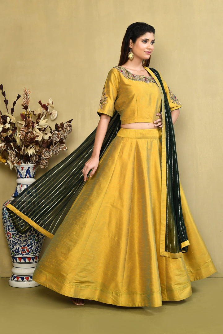 Mustard & Deep Green Pure Cotton Raw Silk Zardozi Lehenga Set