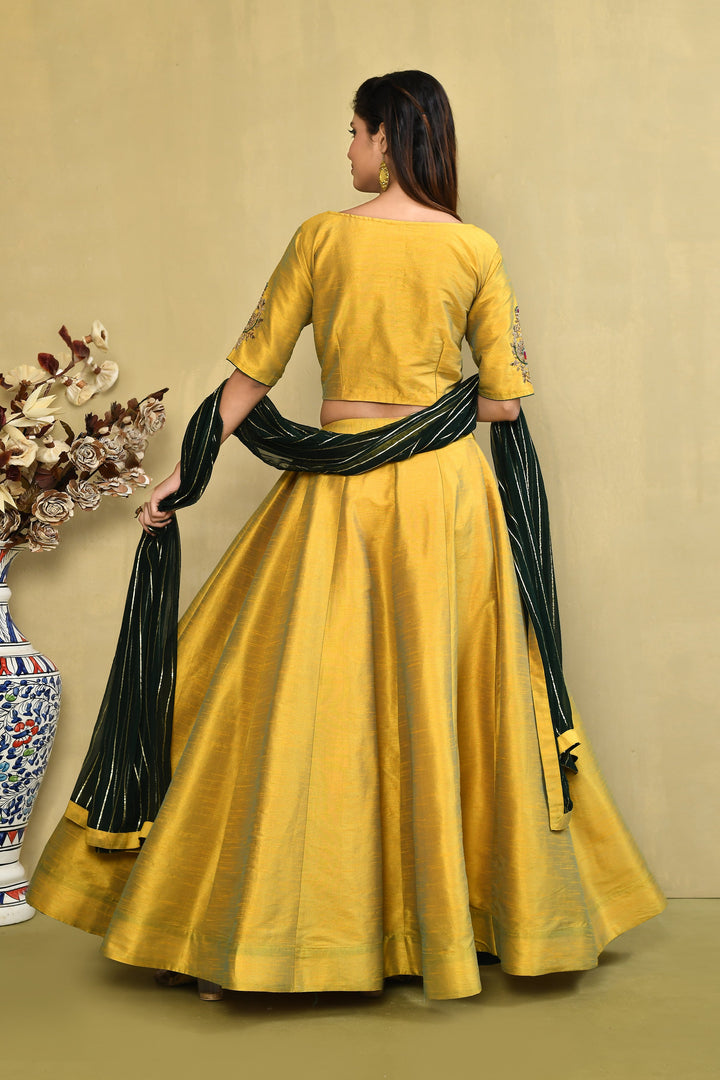 Mustard & Deep Green Pure Cotton Raw Silk Zardozi Lehenga Set