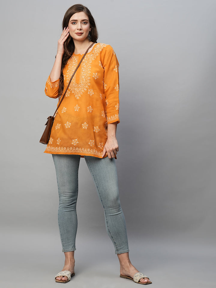 Mustard & White Floral Bale Booti Chikankari Tunic Top