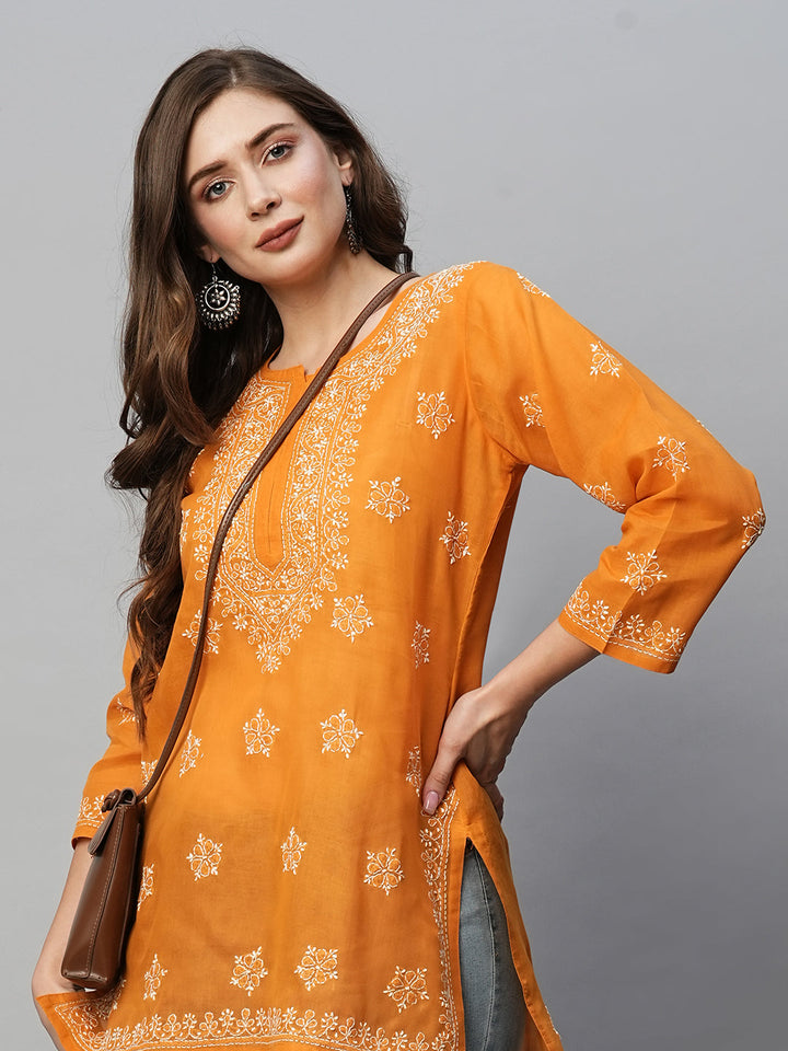 Mustard & White Floral Bale Booti Chikankari Tunic Top