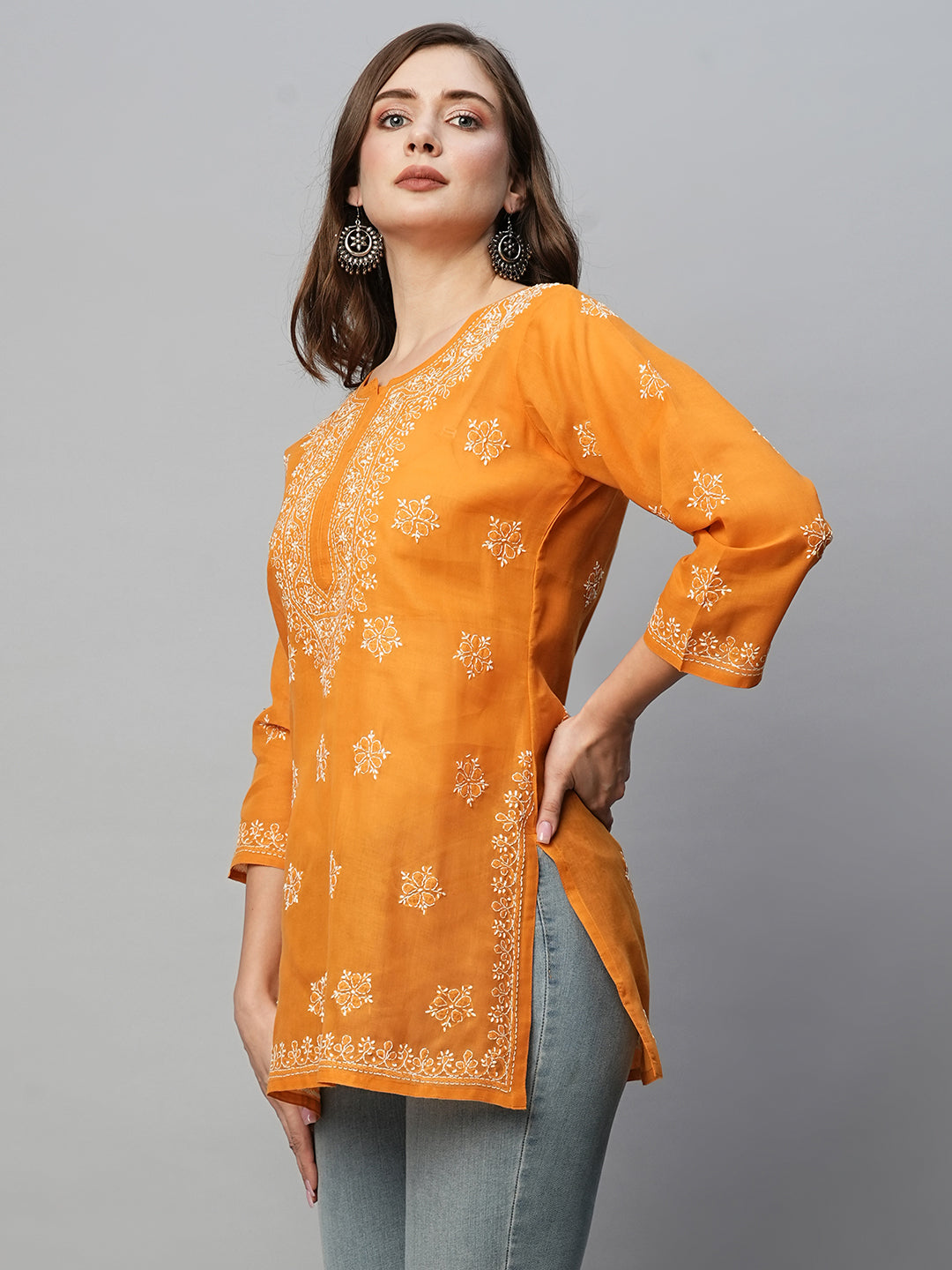 Mustard & White Floral Bale Booti Chikankari Tunic Top