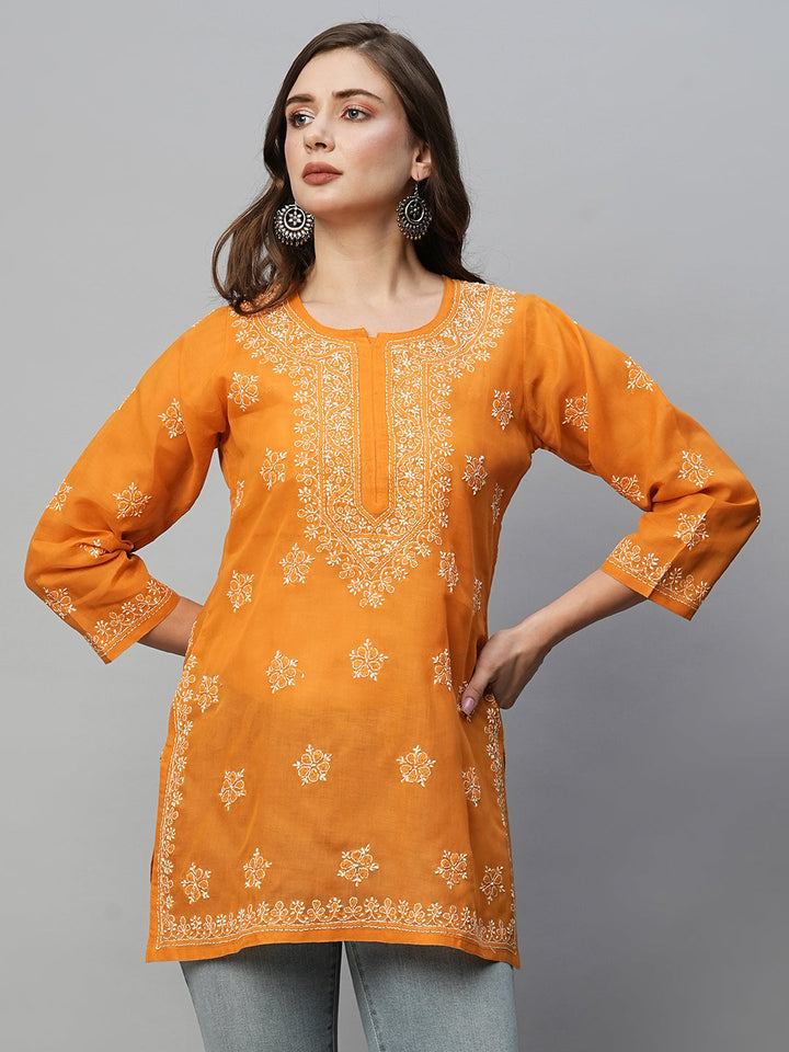 Mustard & White Floral Bale Booti Chikankari Tunic Top