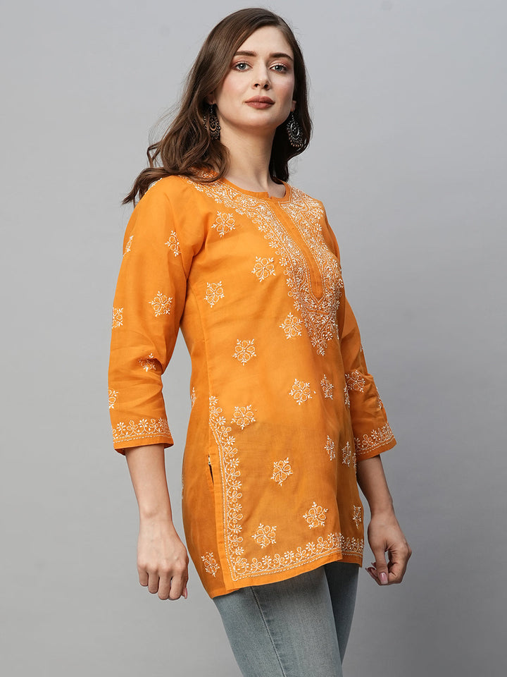 Mustard & White Floral Bale Booti Chikankari Tunic Top