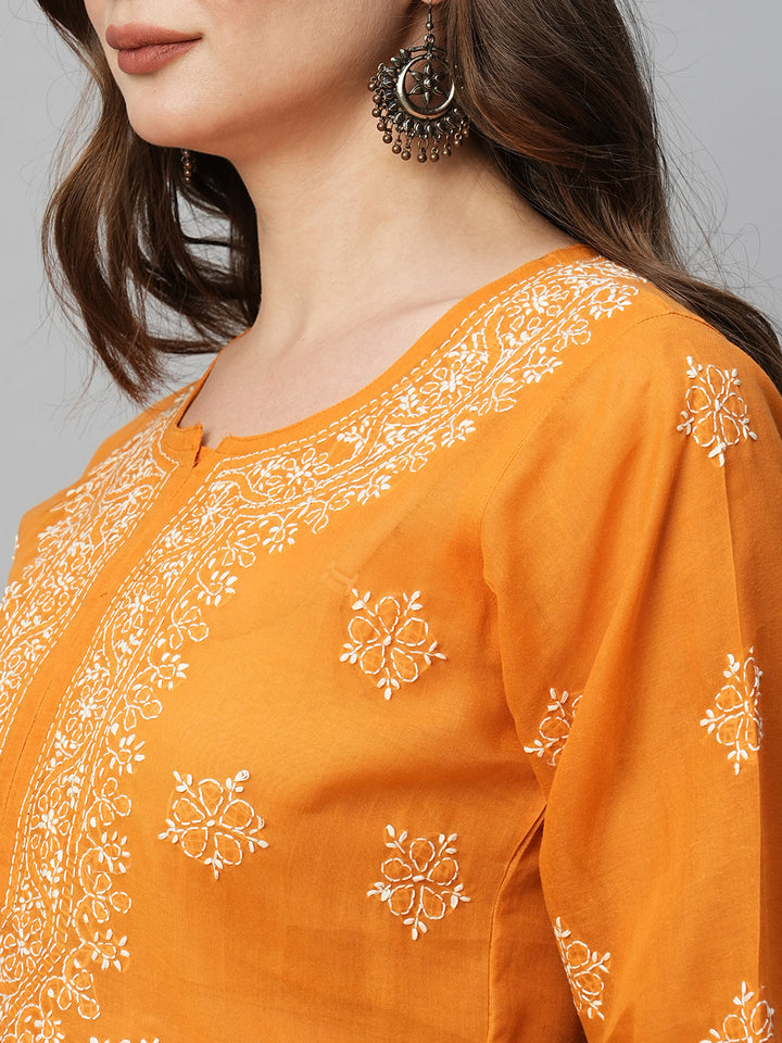 Mustard & White Floral Bale Booti Chikankari Tunic Top