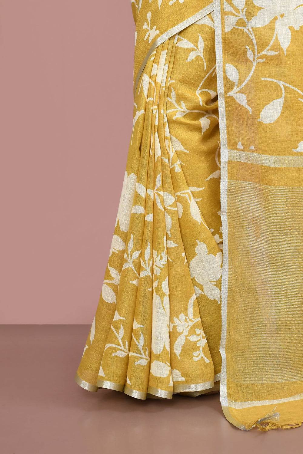 ZERESOUQ-Mustard-&-White-Floral-Print-Linen-Cotton-Saree
