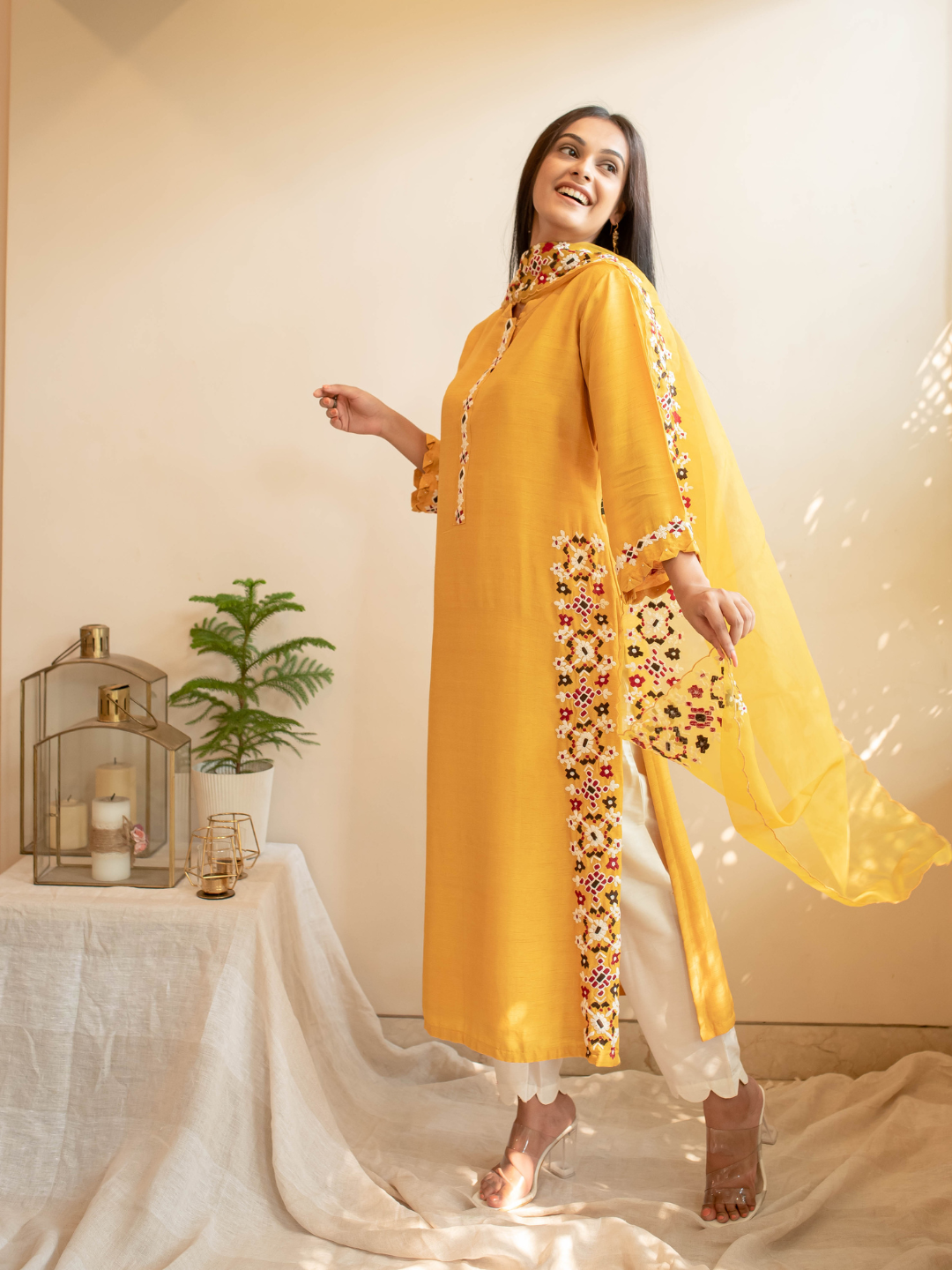 Mustard-&-White-Silk-Ikkat-Thread-Embroidered-Kurta-Set