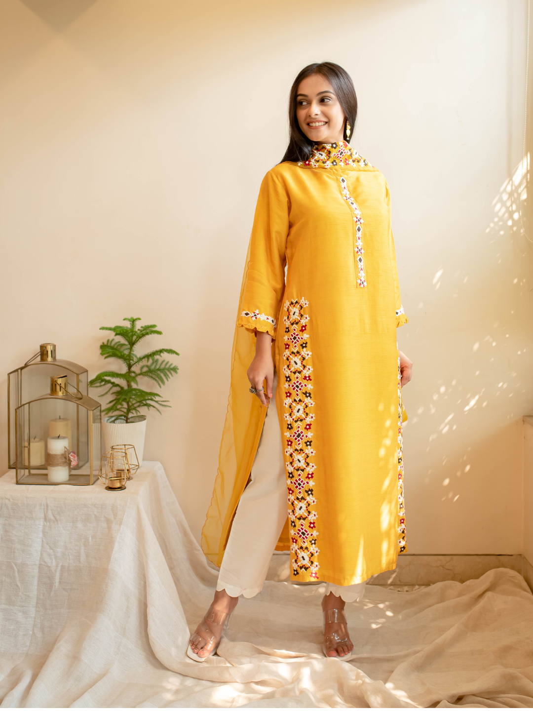 Mustard-&-White-Silk-Ikkat-Thread-Embroidered-Kurta-Set