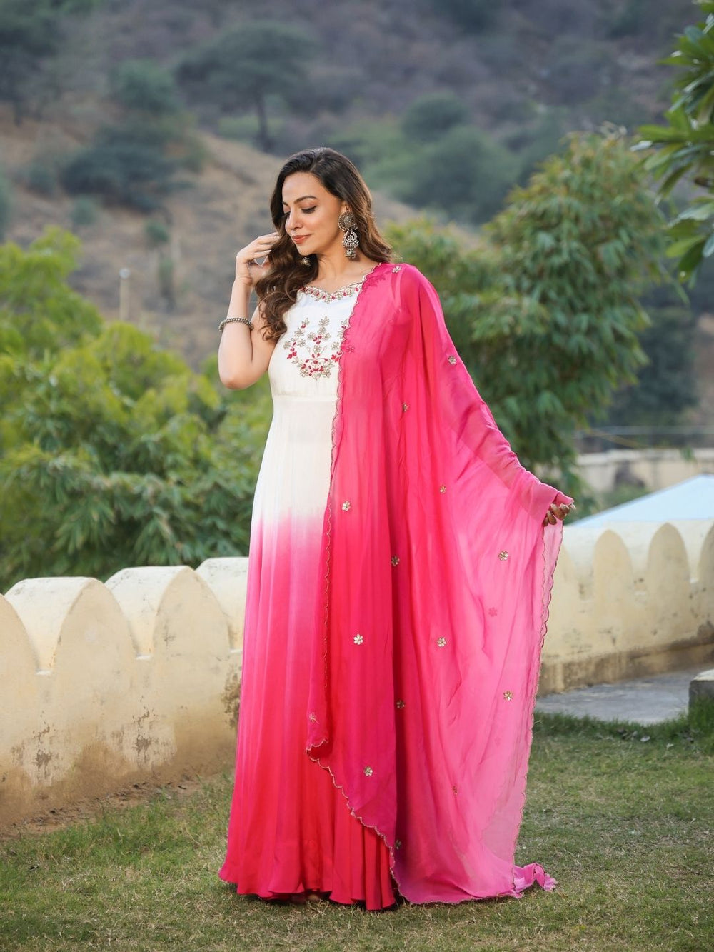 Nadra-White-&-Pink-Ombre-Gown-With-Dupatta
