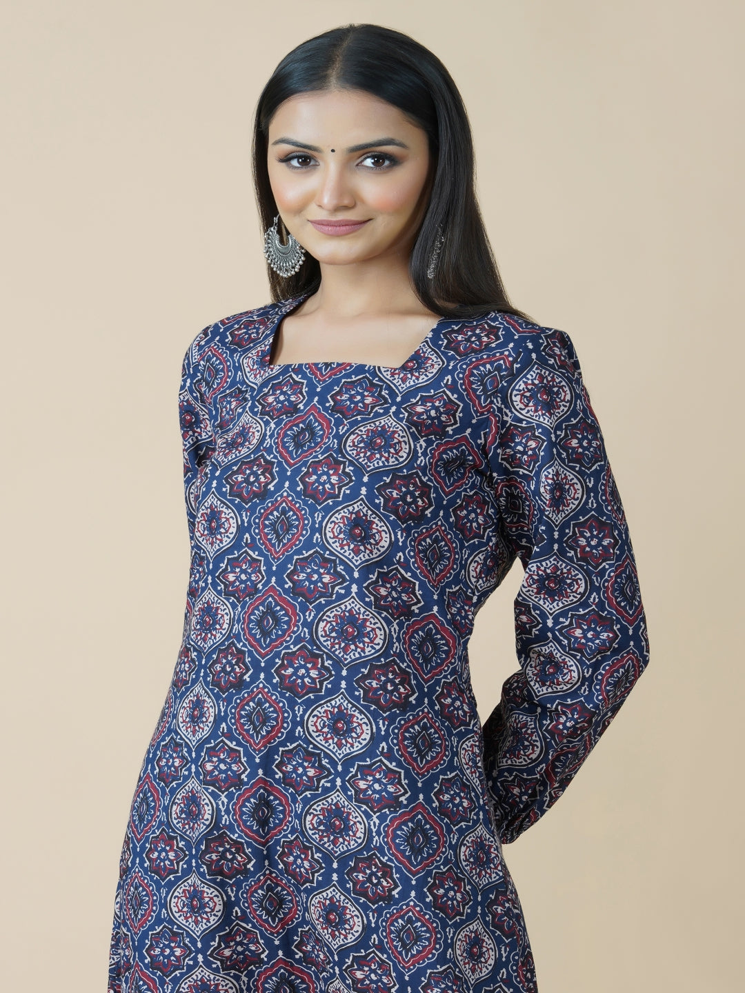 Navy Ajrakh Long Dress With Tiered Bottom