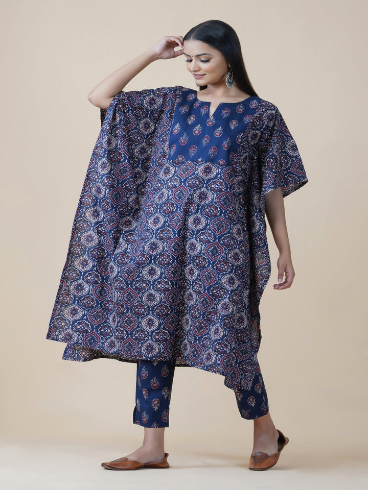 Navy Ajrakh Print Kaftaan And Pants