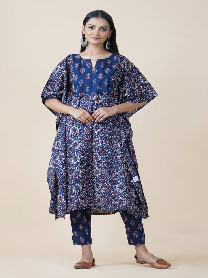 Navy Ajrakh Print Kaftaan And Pants