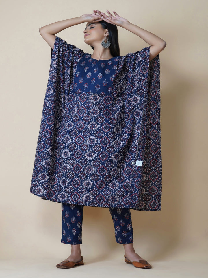 Navy Ajrakh Print Kaftaan And Pants