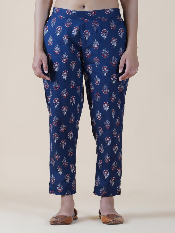 Navy Ajrakh Print Straight Fitted Pants