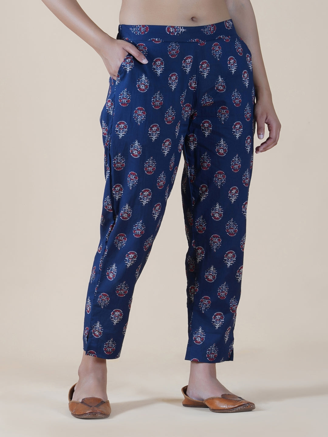 Navy Ajrakh Print Straight Fitted Pants