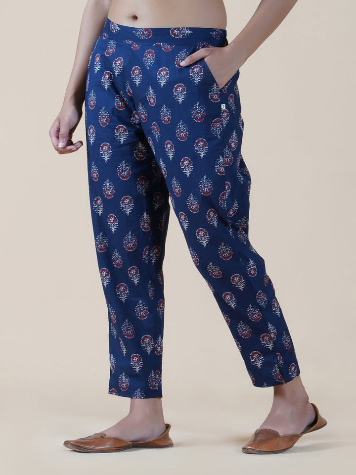 Navy Ajrakh Print Straight Fitted Pants