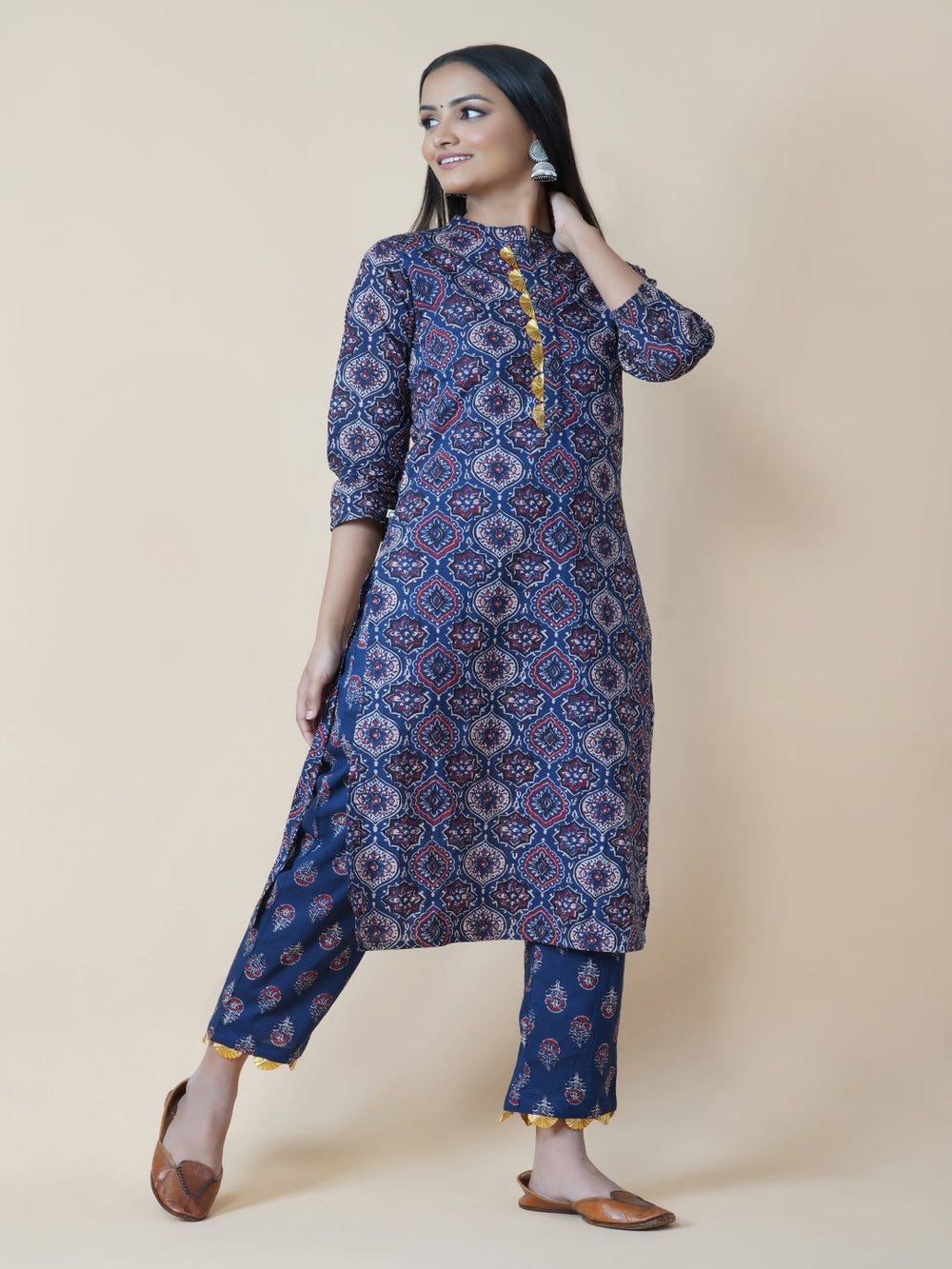 Navy Ajrakh Print Straight Kurta Only