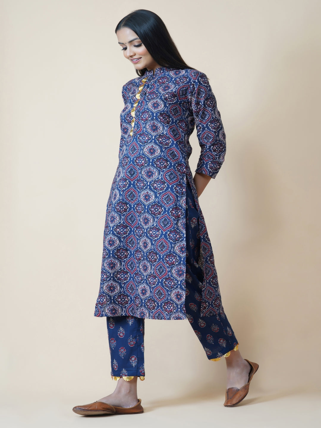 Navy Ajrakh Print Straight Kurta Only