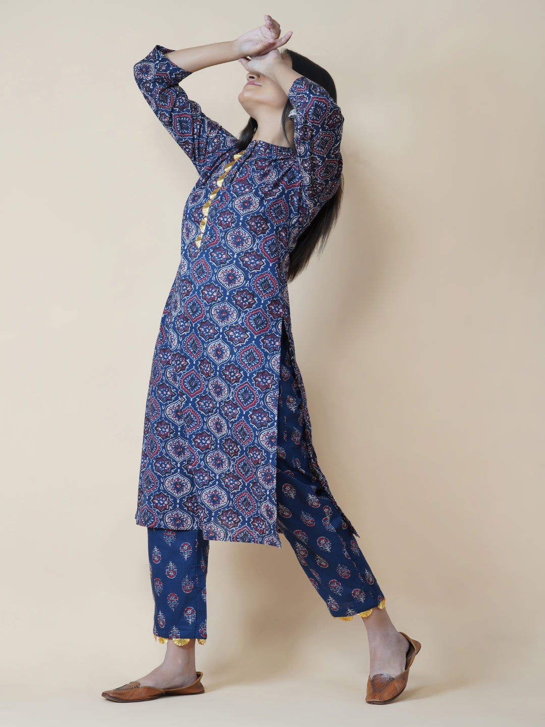 Navy Ajrakh Print Straight Kurta Only